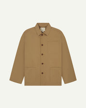 Front-view of khaki buttoned overshirt from Uskees. Clear view of breast and hip pockets and corozo buttons.