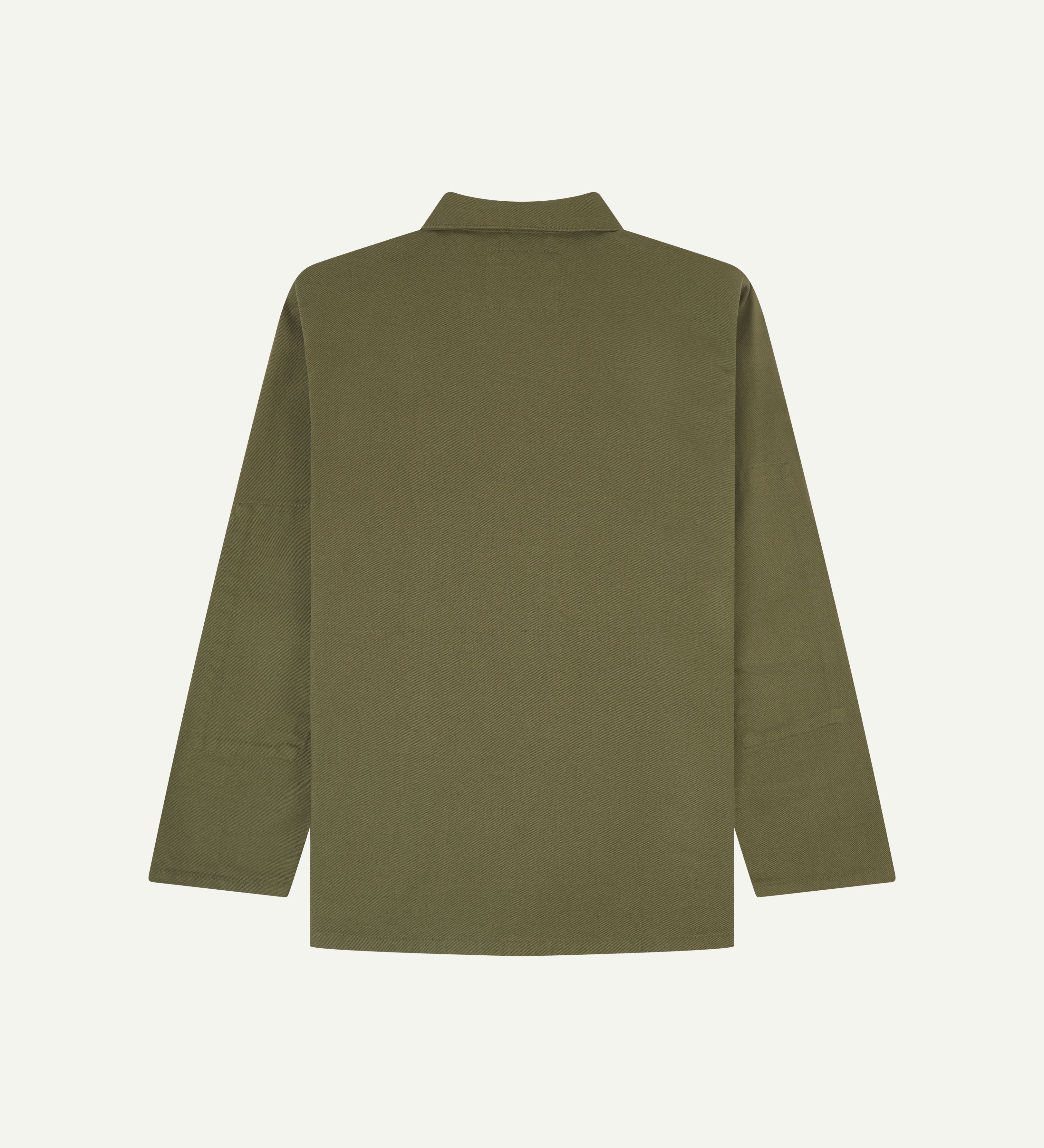 Back flat shot of moss-green buttoned organic cotton-drill overshirt from Uskees.