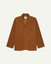 Front view of tan corduroy blazer with 3 patch pockets from Uskees.