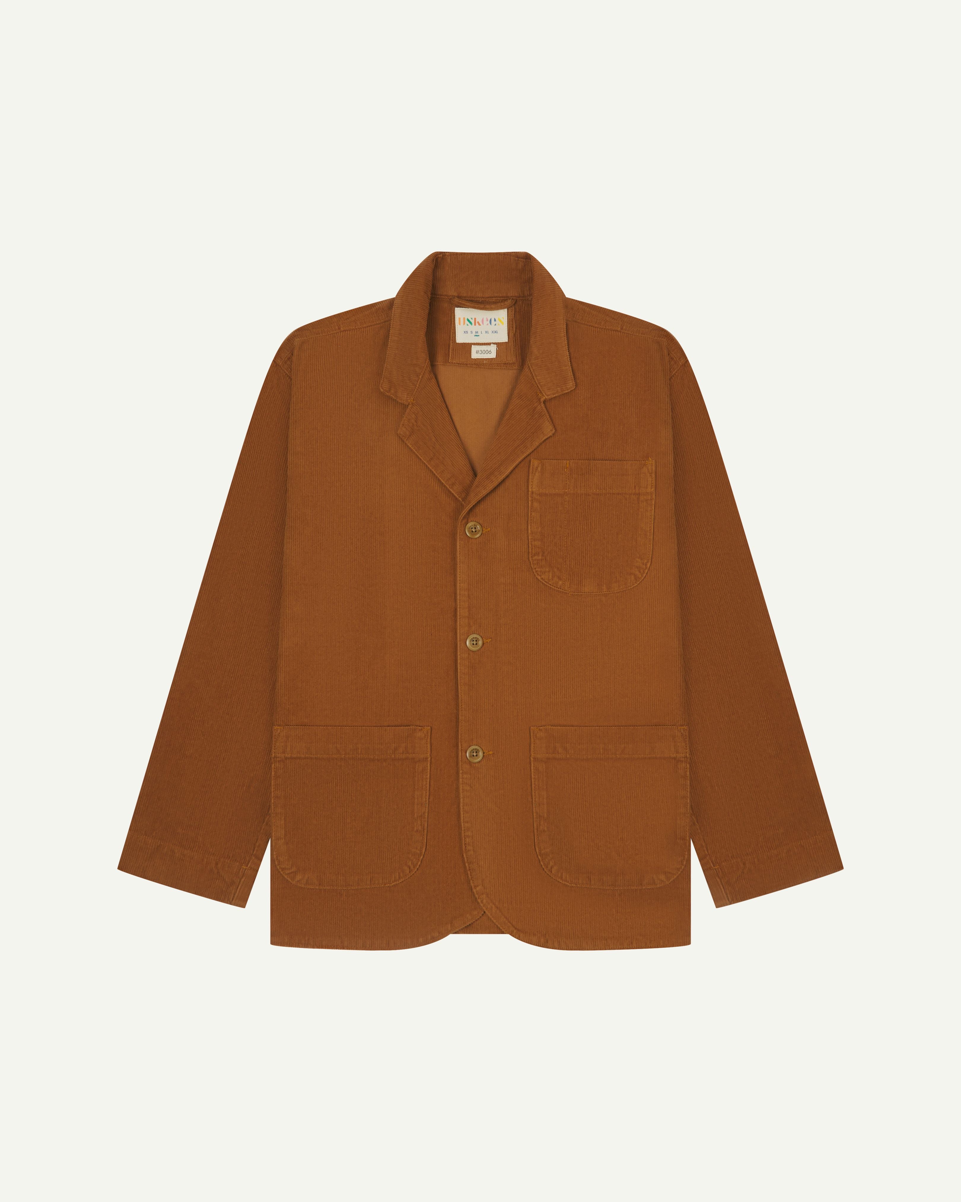 Front view of tan corduroy blazer with 3 patch pockets from Uskees.