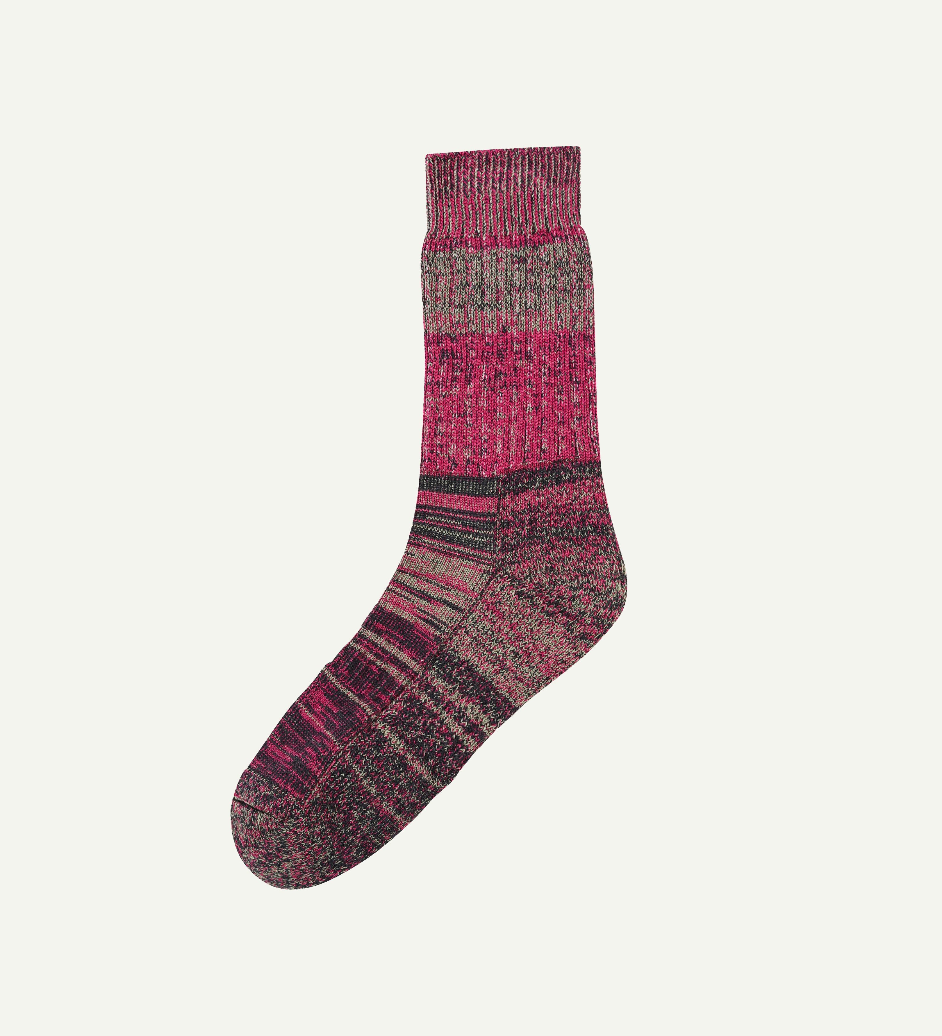 Flat view of Uskees 4006 violet mix organic cotton sock, showing different bands of colour.