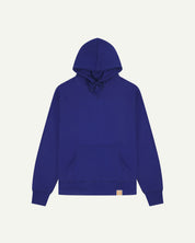 Front flat view of vivid ultra blue organic heavyweight cotton #7004 jersey hooded sweater by Uskees