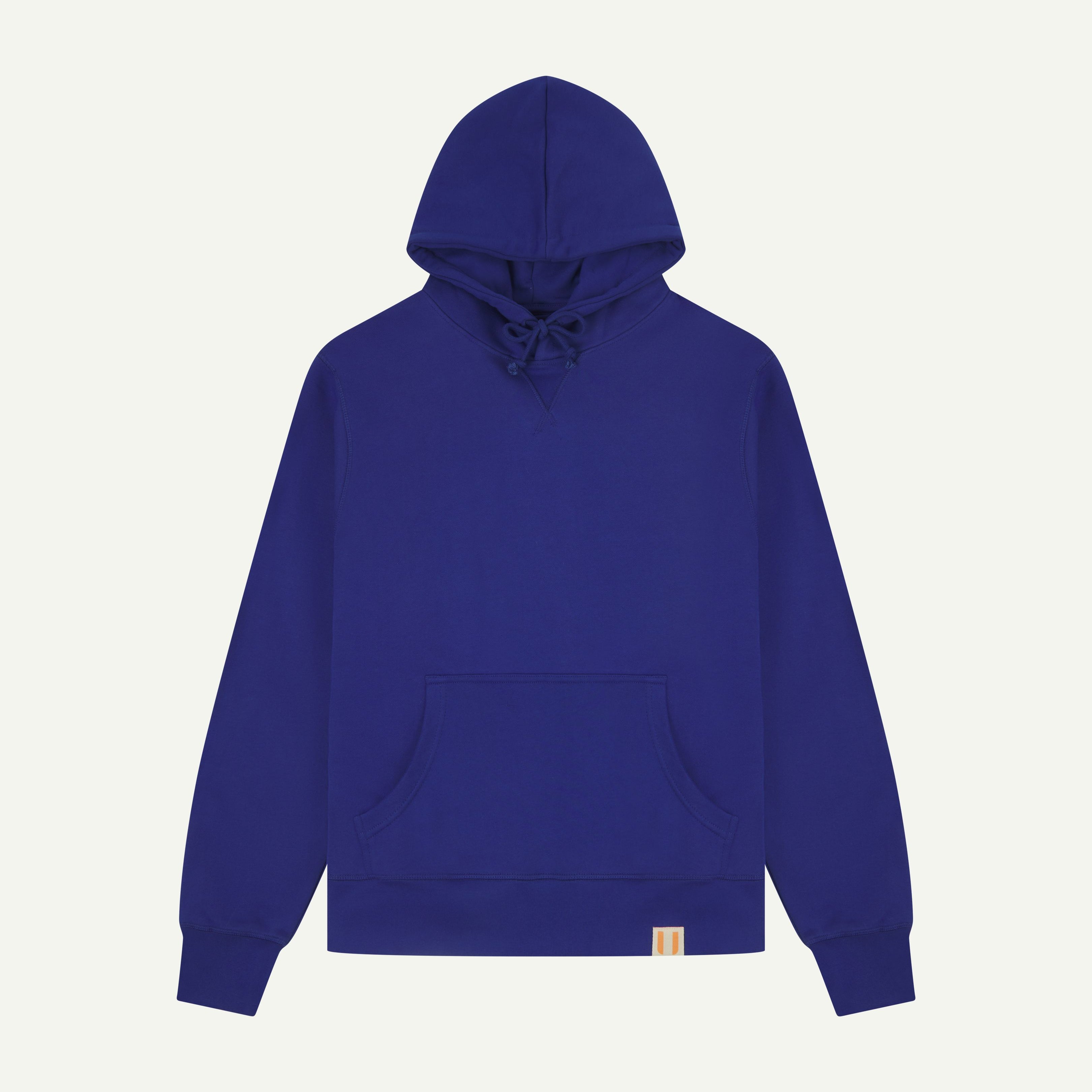 Front flat view of vivid ultra blue organic heavyweight cotton #7004 jersey hooded sweater by Uskees