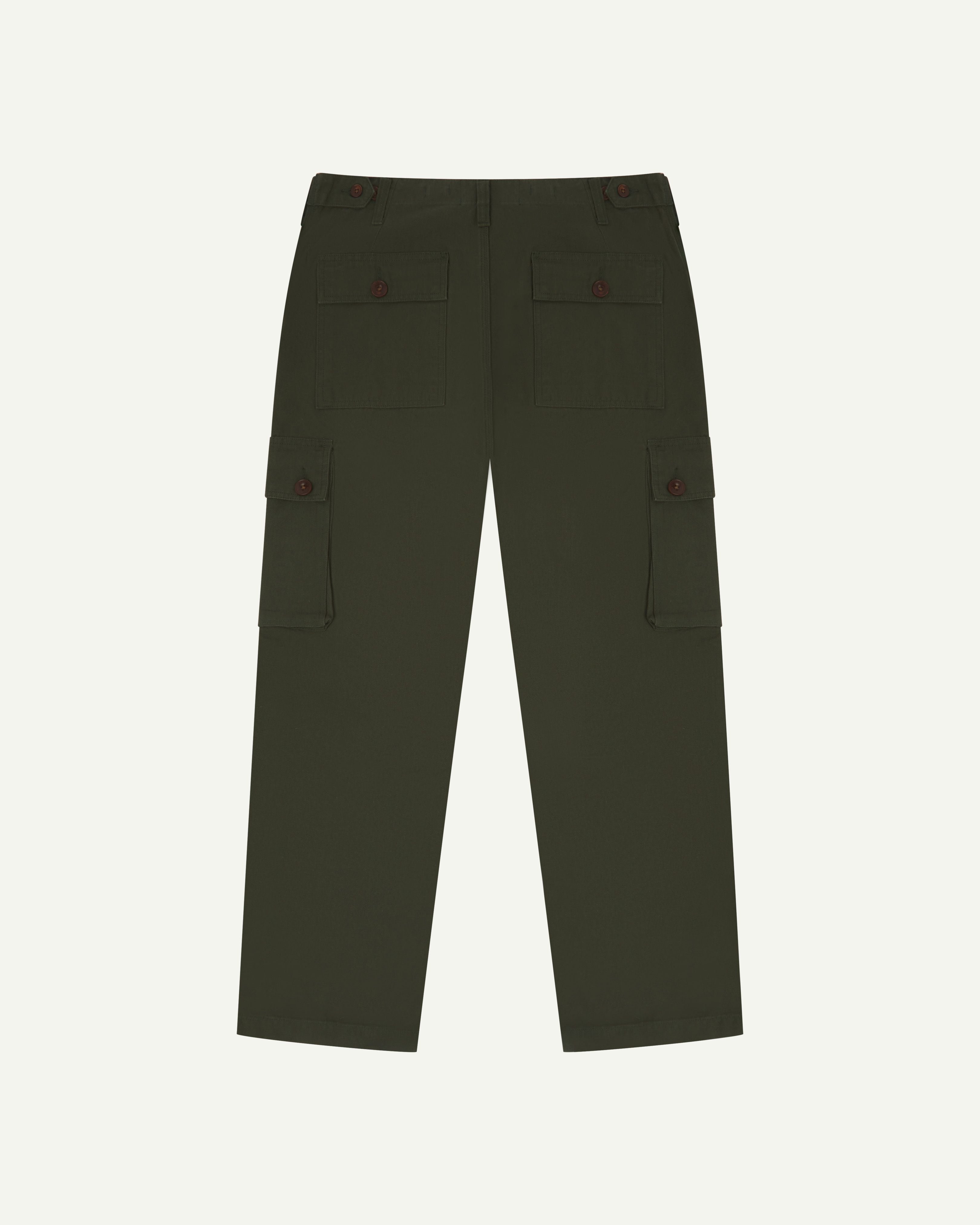 Flat back view of #5014 Uskees men's organic cotton 'vine green' cargo trousers showing back and side pockets..