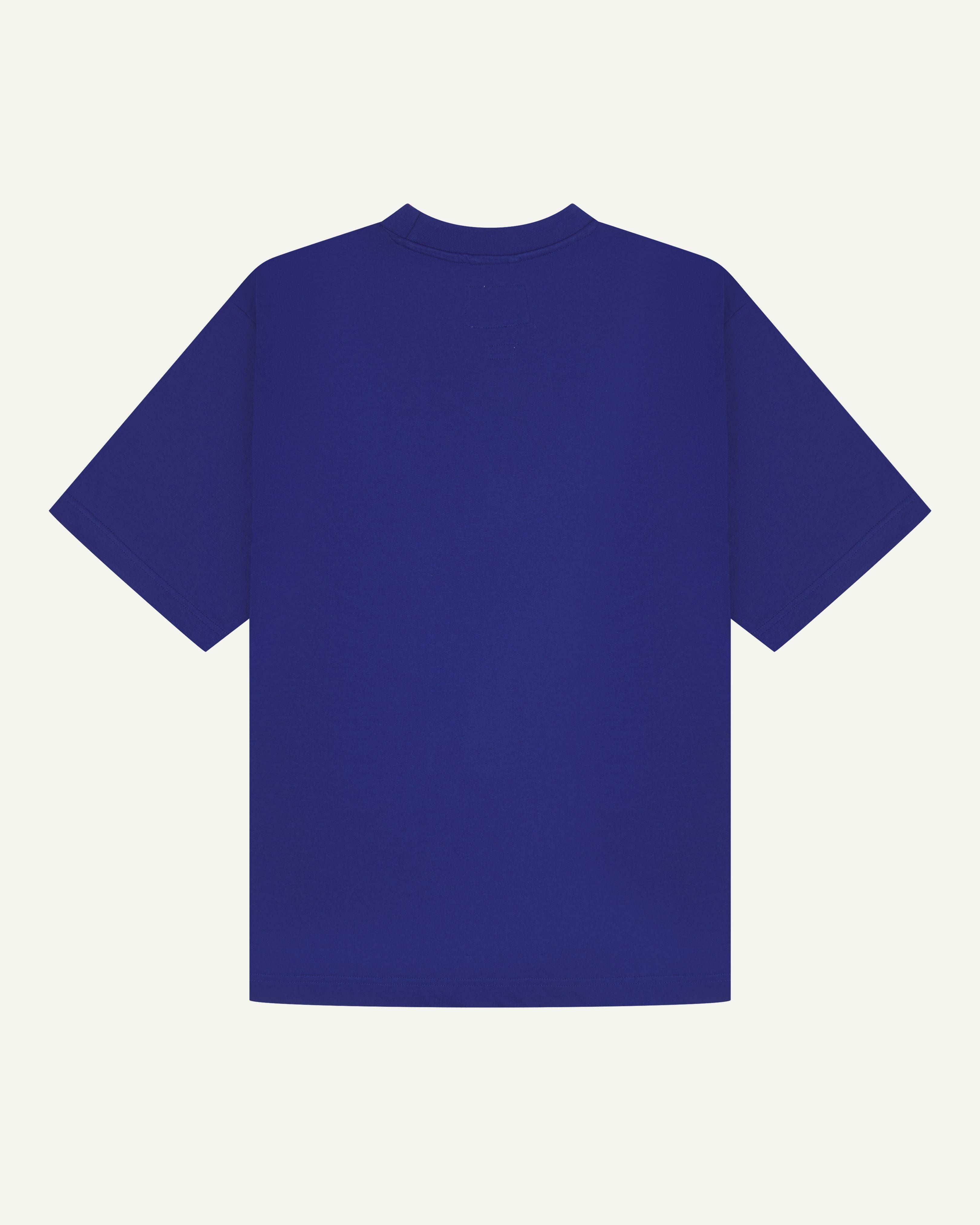 Back flat view of ultra blue organic cotton #7008 oversized T-shirt by Uskees against white background.