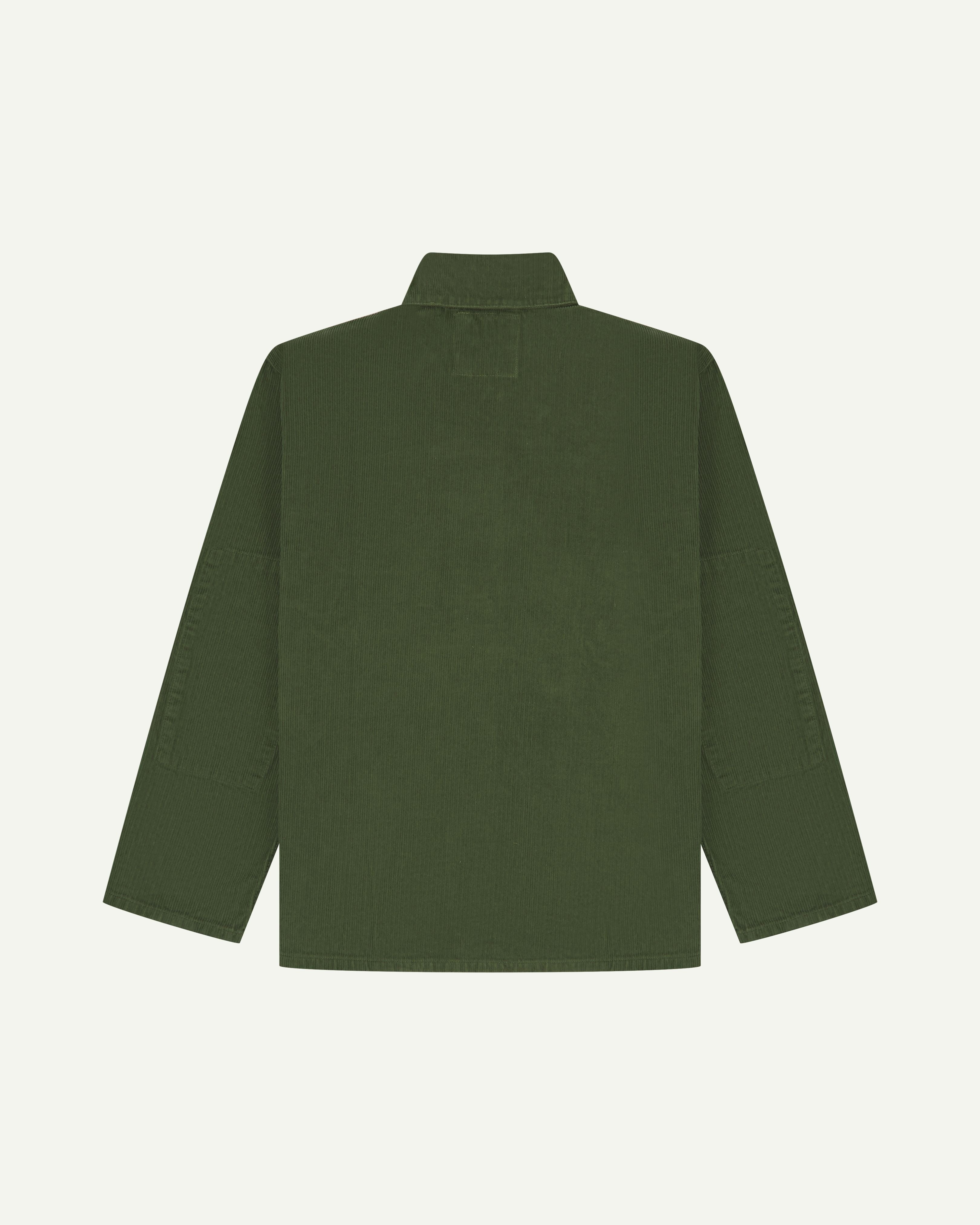 Back flat shot of mid-green, buttoned corduroy shacket from Uskees. 