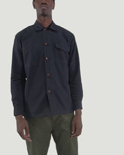 Fitting guide demonstration for the Uskees #3003 cotton work shirt in midnight blue