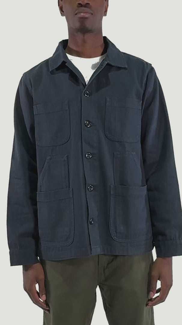 Fitting guide demonstration for the Uskees #3024 cotton drill overshirt with layered pockets in blueberry