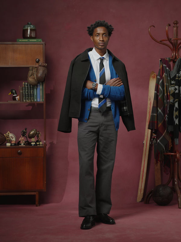 3053 chalet blouson jacket - black
5021 twill painter pants - charcoal
6013 advanced oxford shirt - white
414 repp tie - black