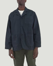 Fitting guide demonstration for the Uskees #3006 cotton drill blazer in blueberry