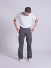 Fitting guide demonstration for the Uskees #5013 cotton drill straight leg pants with layered pockets.