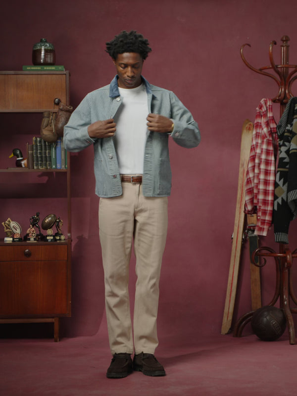 3058 founders jacket - blue railroad hickory
5005 drill workwear pants - oatmeal
7006 essential t-shirt - white