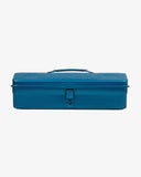 Lengthways view of blue Toyo steel toolbox from Uskees showing handle and lock.