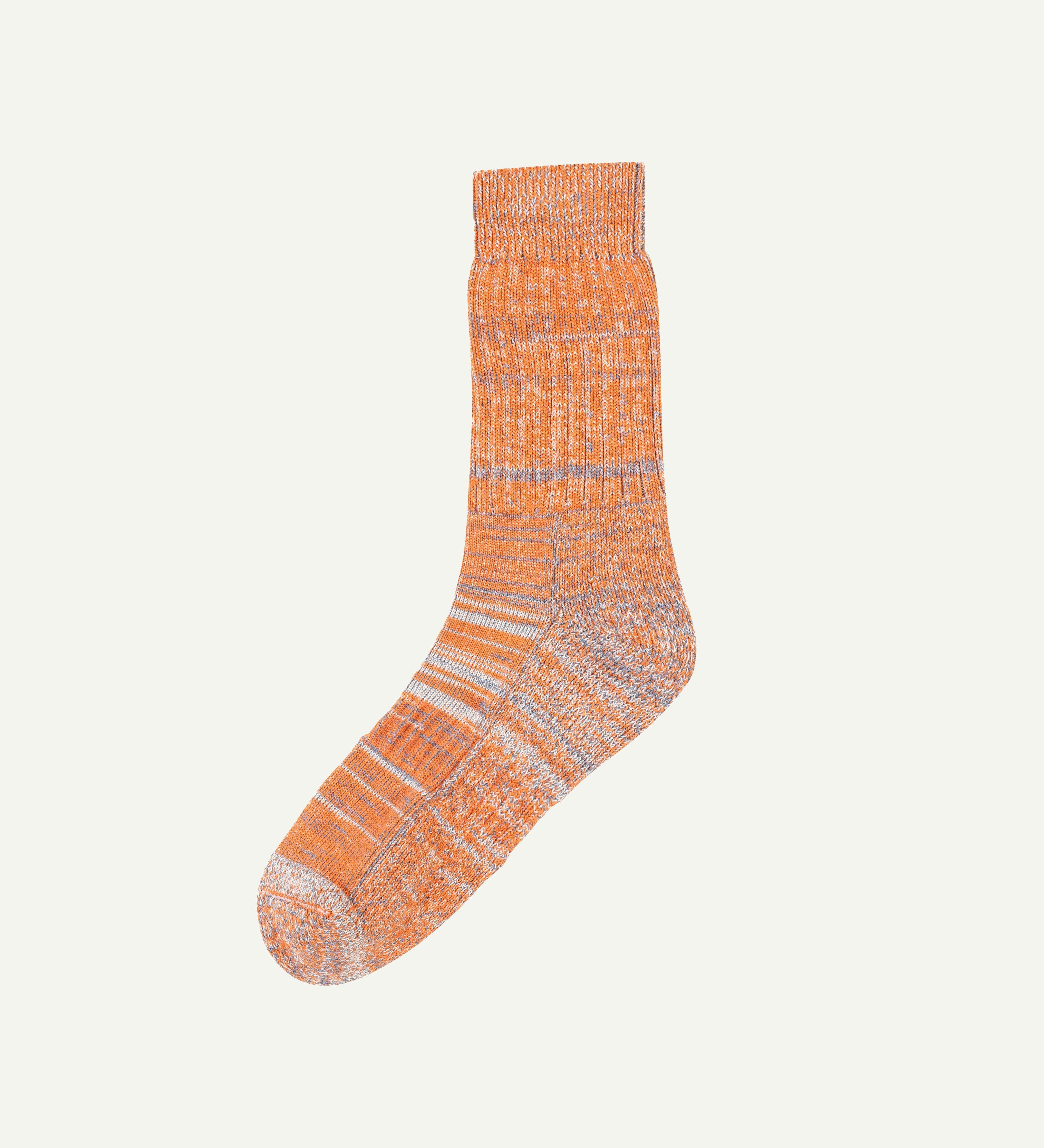Flat view of Uskees 4006 gold mix organic cotton sock, showing bands of gold-orange, grey and beige.