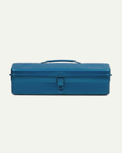 Lengthways view of blue Toyo steel toolbox from Uskees showing handle and lock.