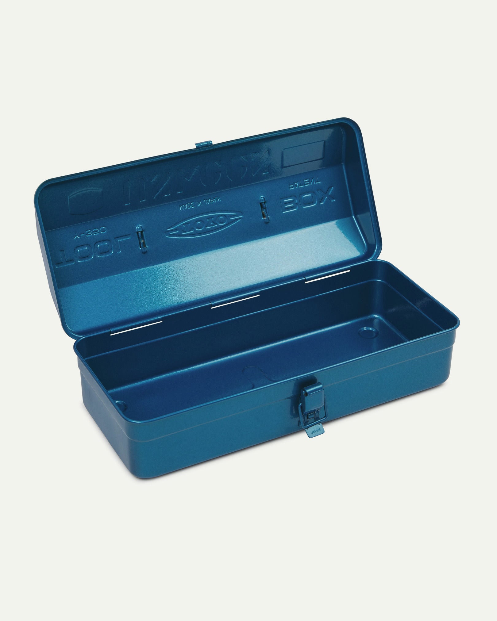 Angled view of blue Toyo steel toolbox from Uskees with open lid showing the inside.