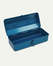 Angled view of blue Toyo steel toolbox from Uskees with open lid showing the inside.