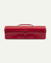 Lengthways view of red Toyo steel toolbox from Uskees showing handle and lock.