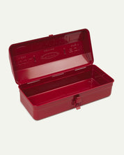 Angled view of red Toyo steel toolbox from Uskees with open lid showing the inside.