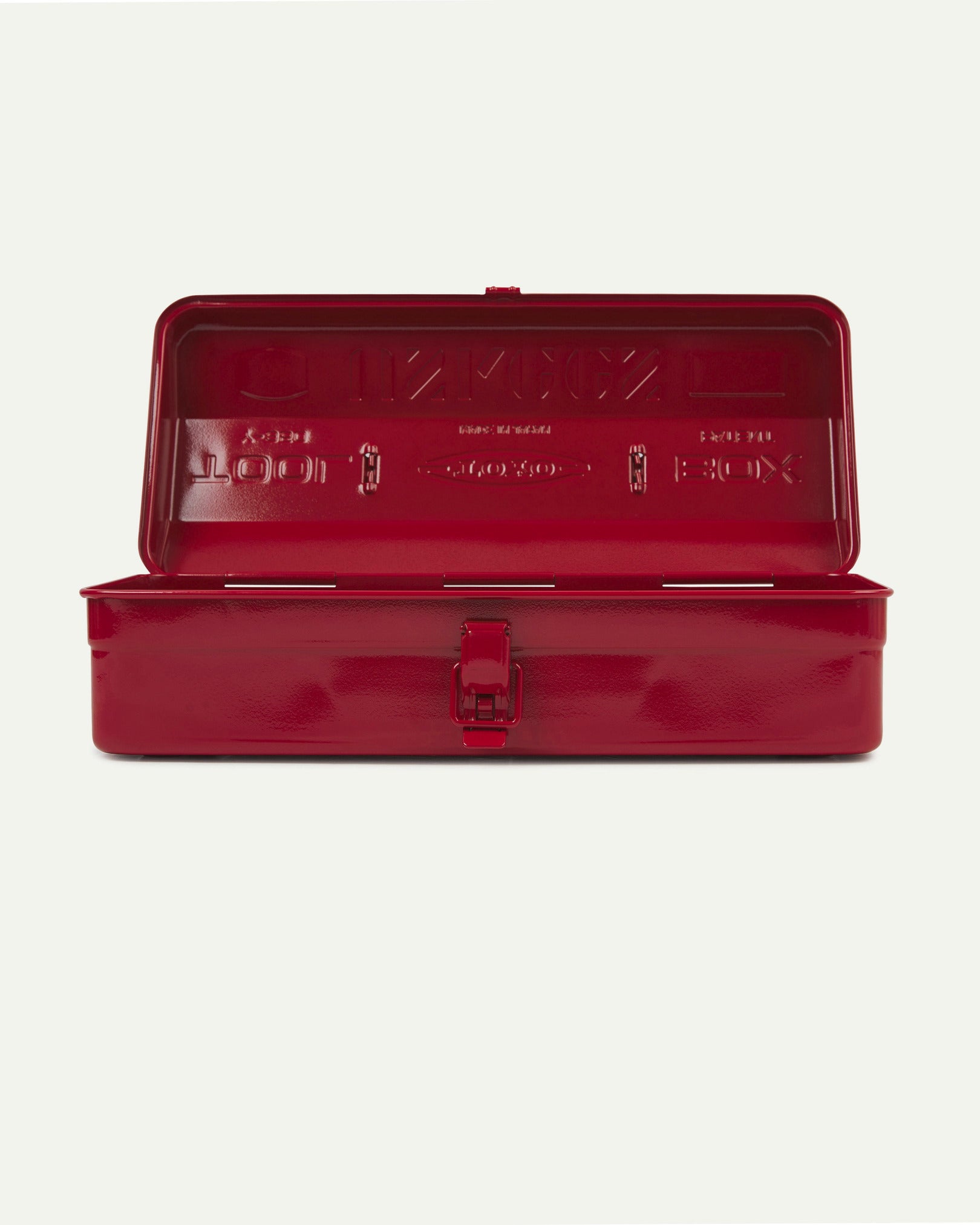 Lengthways view of red Toyo steel toolbox from Uskees with open lid.