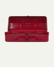 Lengthways view of red Toyo steel toolbox from Uskees with open lid.