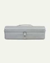 Lengthways view of silver Toyo steel toolbox from Uskees showing handle and lock.