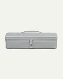 Lengthways view of silver Toyo steel toolbox from Uskees showing handle and lock.