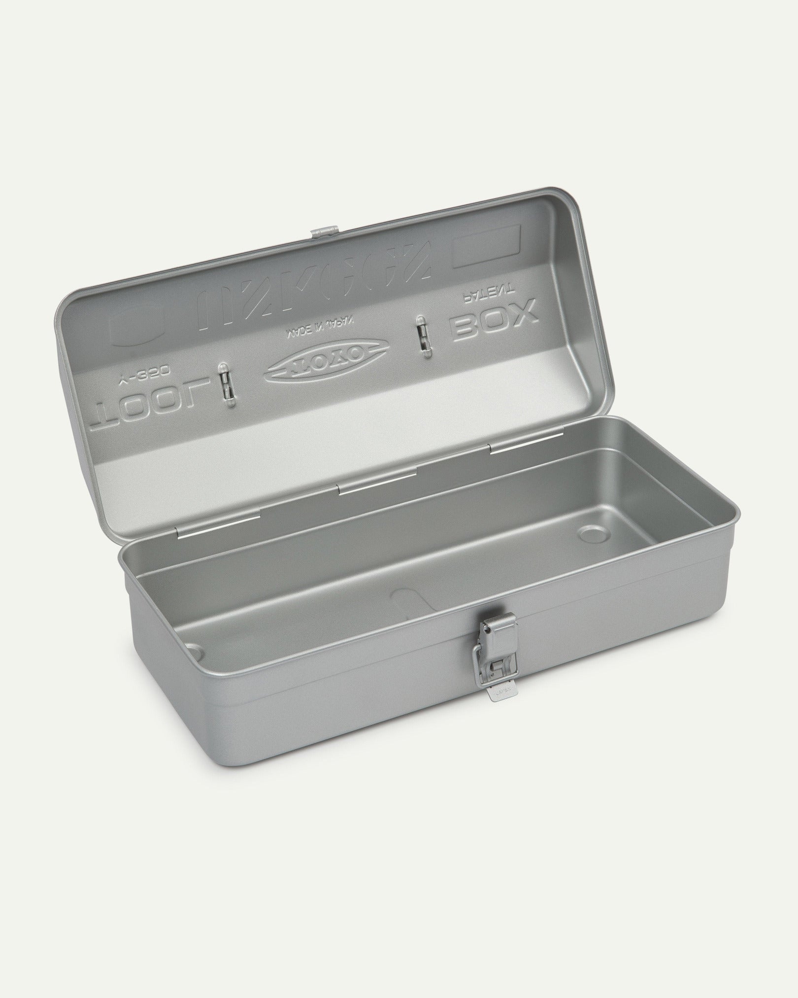 Angled view of silver Toyo steel toolbox from Uskees with open lid showing the inside.