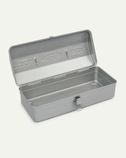 Angled view of silver Toyo steel toolbox from Uskees with open lid showing the inside.