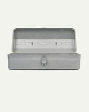 Lengthways view of silver Toyo steel toolbox from Uskees with open lid.